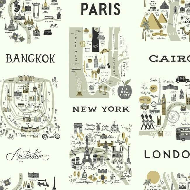York  Rifle Paper Co. Wallcoverings  City Maps Wallpaper- Grey & Gold RI5161