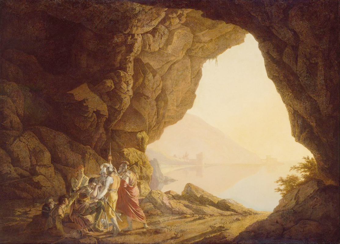Affresco Классические пейзажи Joseph Wright of Derby, Grotto by the Seaside in the Kingdom of Naples with Banditti Sunset