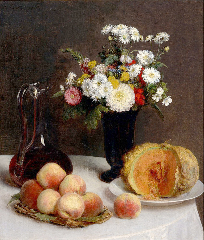 Affresco Натюрморт Henri Fantin Latour, Still Life with a Carafe Flowers and Fruit