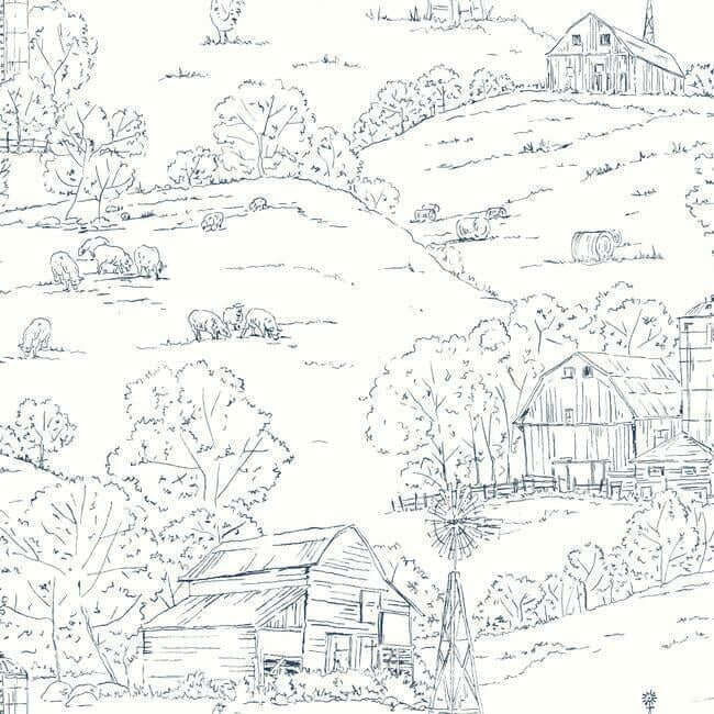 York  Simply Farmhouse  Pasture Toile Wallpaper- Navy/White FH4032
