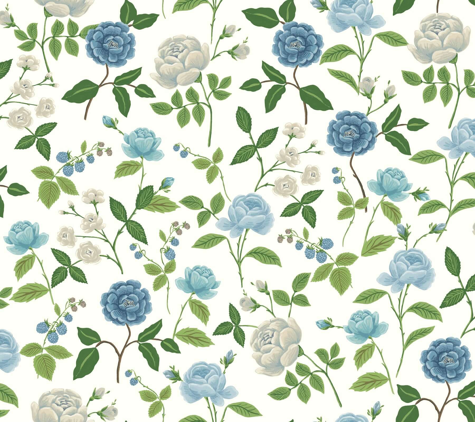York  Rifle Paper Co. Wallcoverings  Roses Wallpaper- White & Blue RF7543