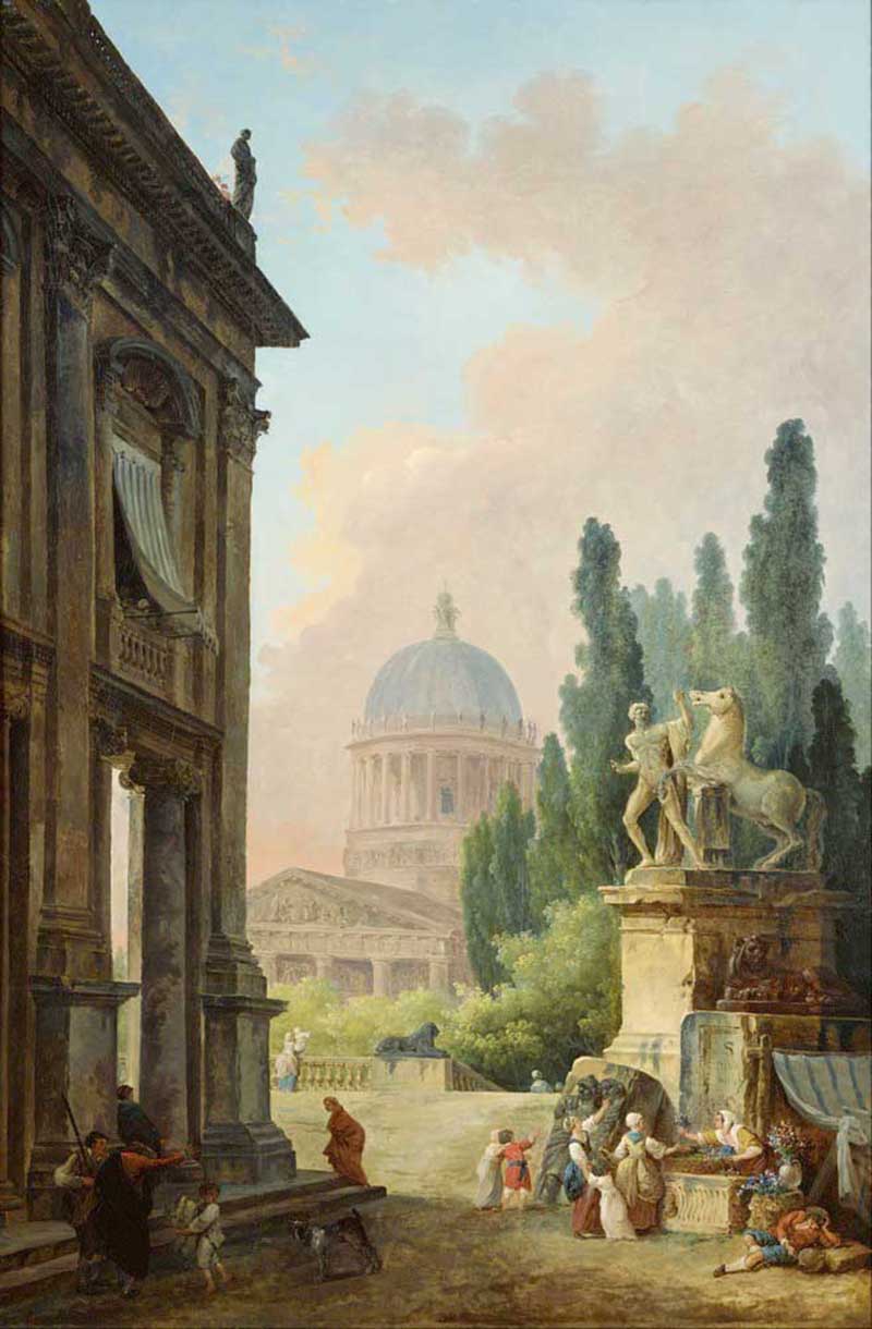 Affresco Классические пейзажи Hubert Robert, Imaginary View of Rome with the Horse Tamer of the Monte Cavallo and a Church