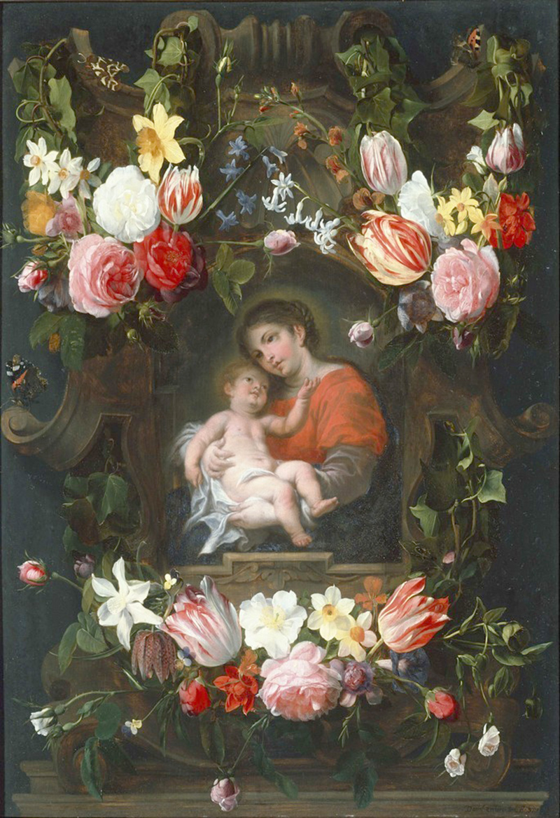 Affresco Натюрморт Daniel Seghers, Garland of Flowers with Madonna and Child