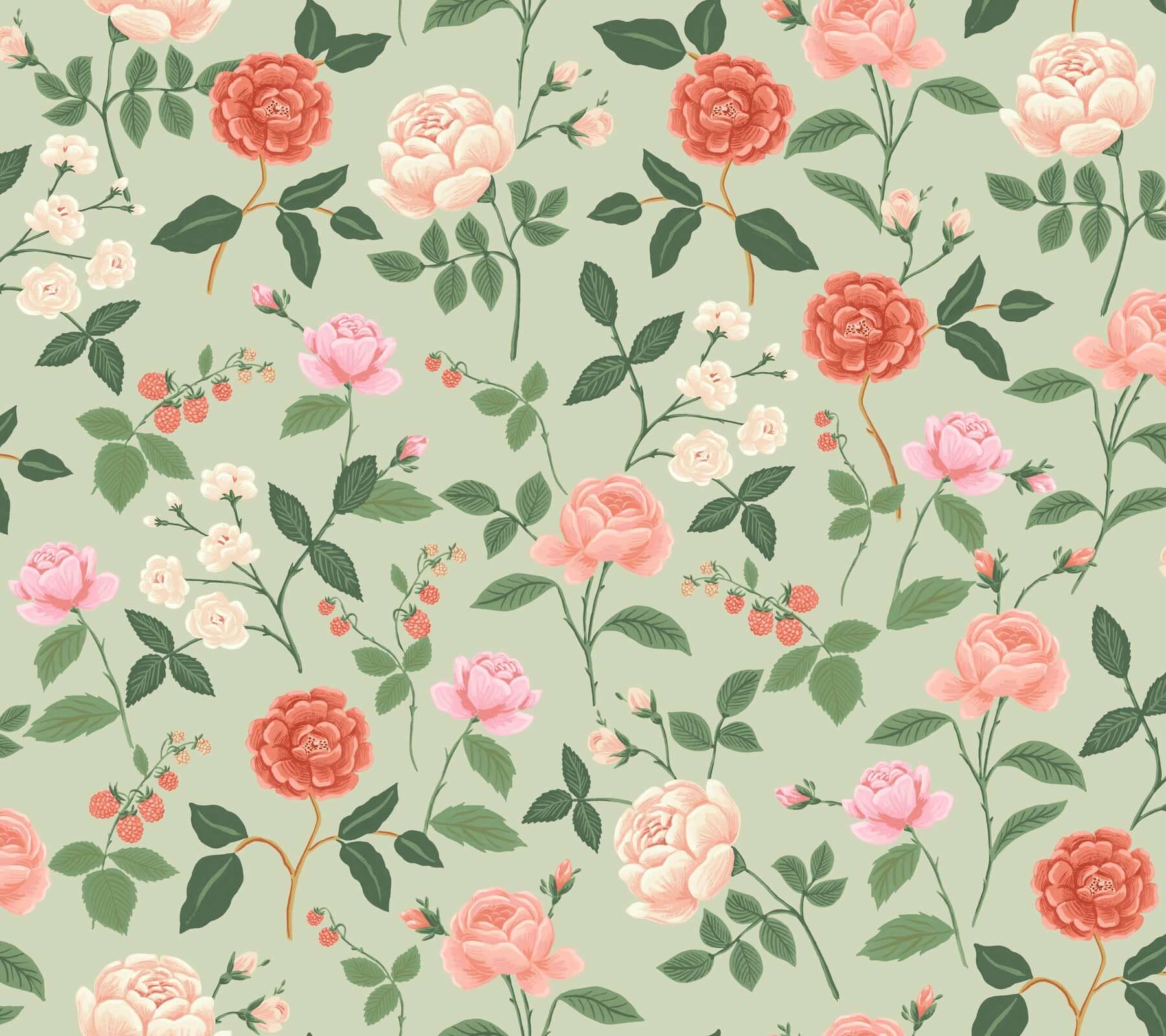 York  Rifle Paper Co. Wallcoverings  Roses Wallpaper- Mint RF7545