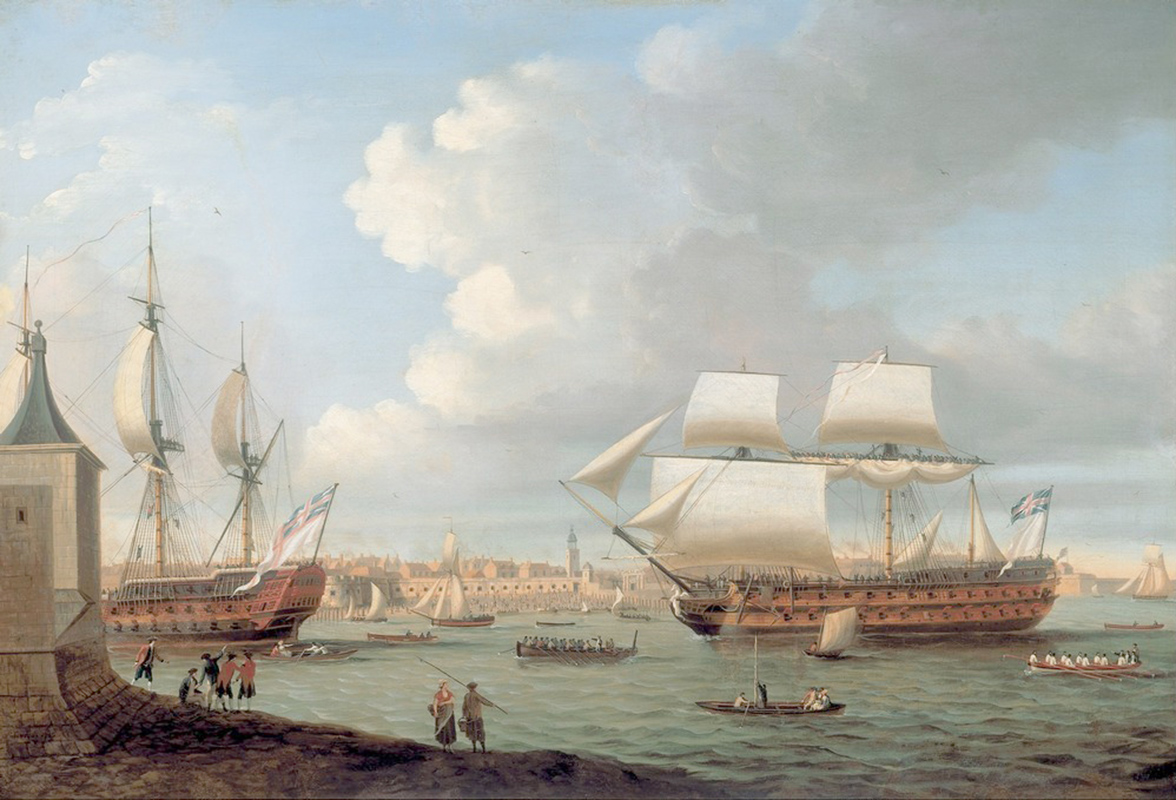 Affresco Морские пейзажи Dominic Serres, Foudroyant and Pegase entering Portsmouth Harbour
