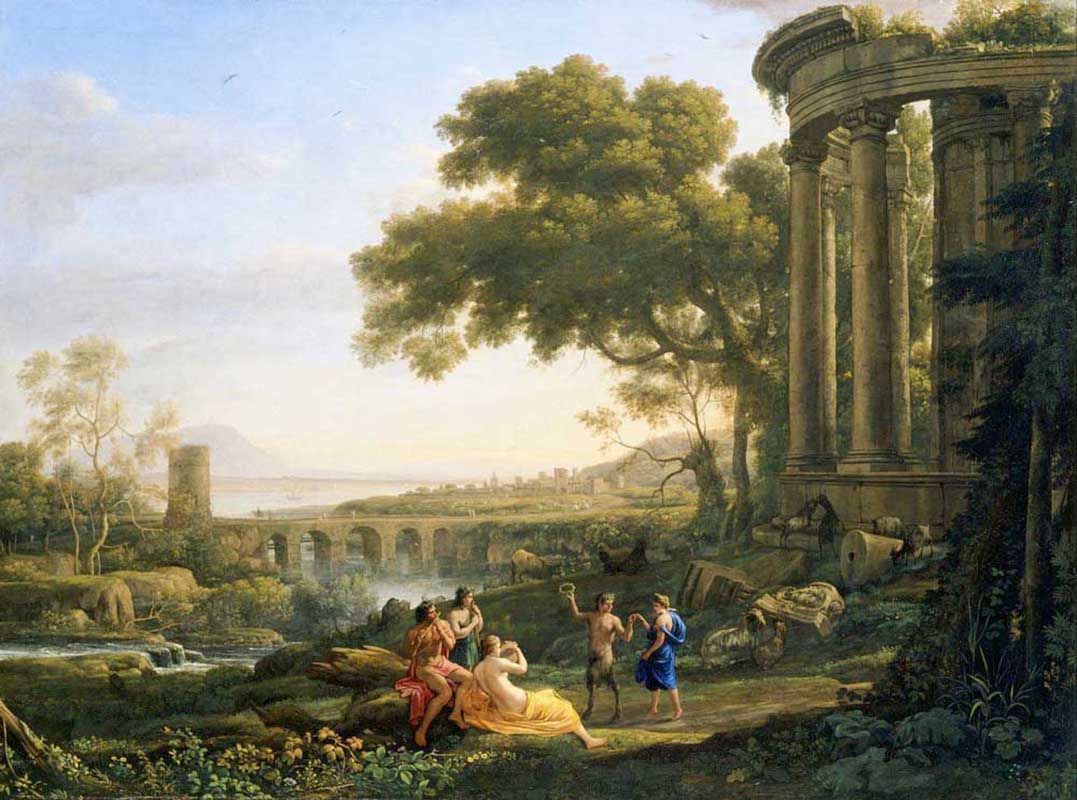 Affresco Классические пейзажи Claude Lorrain, Landscape with Nymph and Satyr Dancing