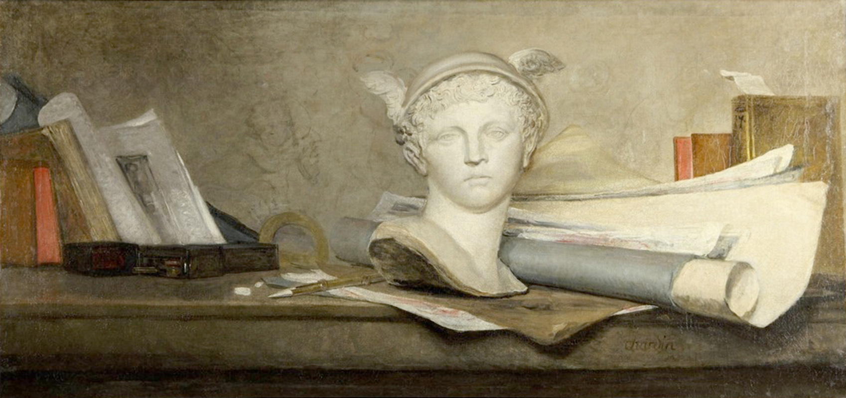 Affresco Натюрморт Jean Baptiste Simeon Chardin, Still life with attributes of the arts