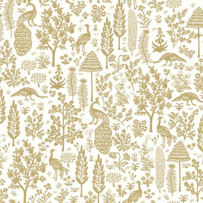 York  Rifle Paper Co.  Menagerie Toile Wallpaper- White & Metallic Gold RP7371