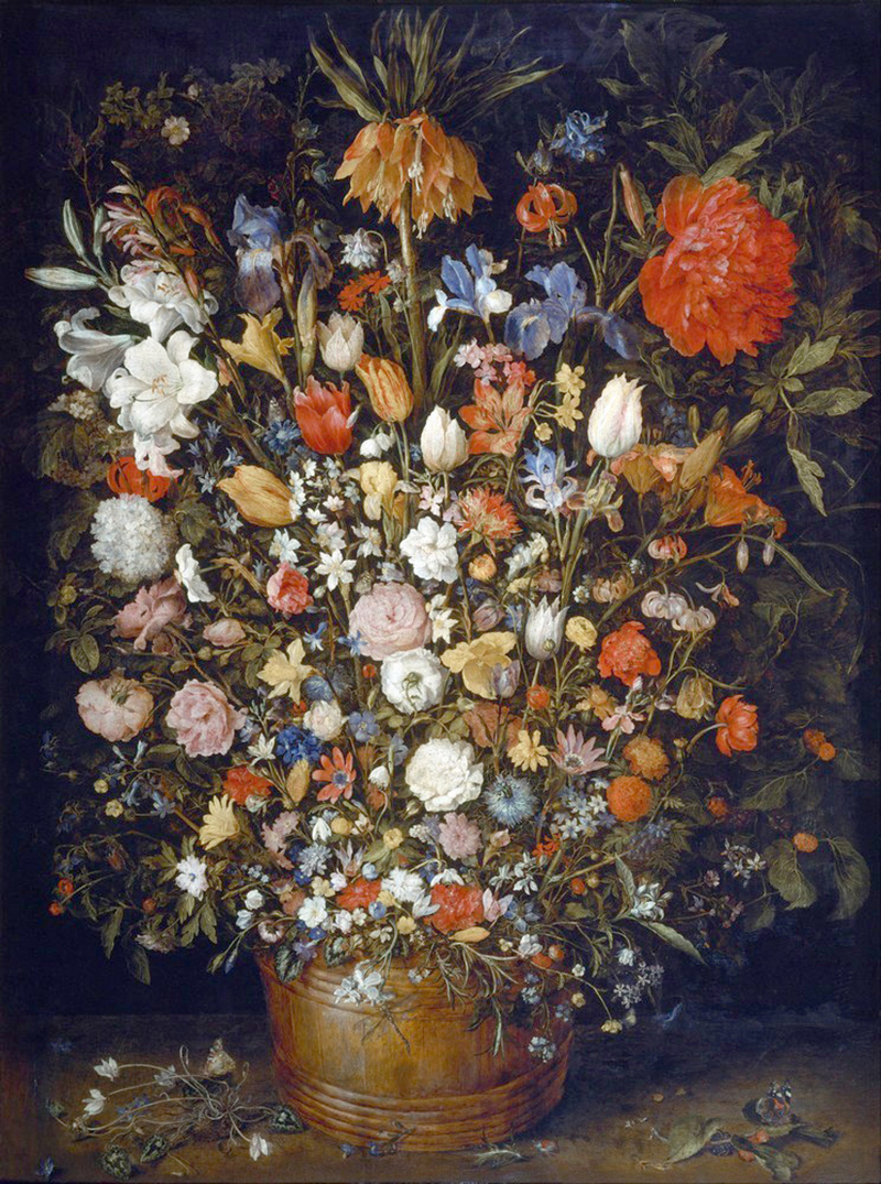 Affresco Натюрморт Jan Brueghel the Elder, Flowers in a Wooden Vessel