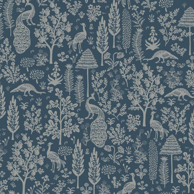 York  Rifle Paper Co.  Menagerie Toile Wallpaper- Navy & Metallic Silver RP7372