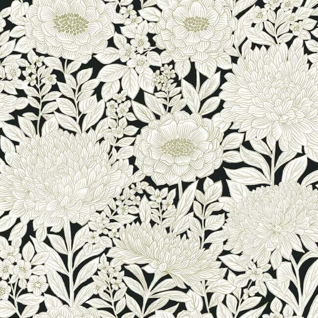 York  Floral Wallpaper  Wood Block Blooms Wallpaper- Black/Gold BW3923