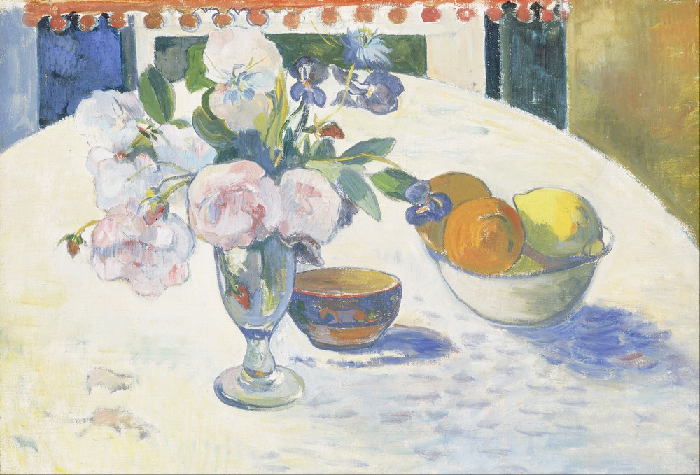 Affresco Импрессионисты и постимпрессионисты Paul Gauguin, Flowers and a Bowl of Fruit on a Table