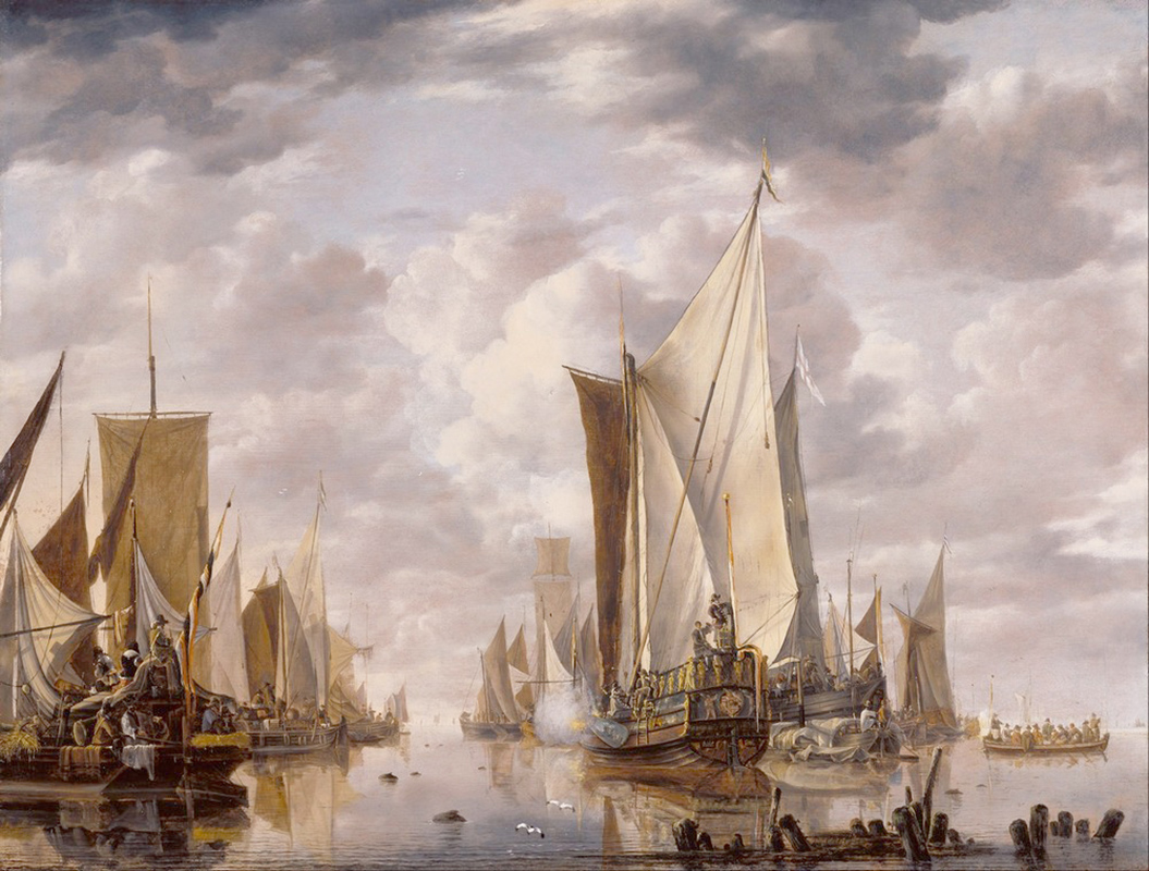 Affresco Морские пейзажи Jan van de Cappelle, Shipping in a Calm at Flushing with a States General Yacht Firing a Salute