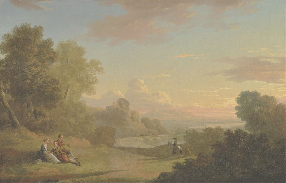 Affresco Классические пейзажи Thomas Jones, An Imaginary Landscape with a Traveller and Figures Overlooking the Bay of Baiae