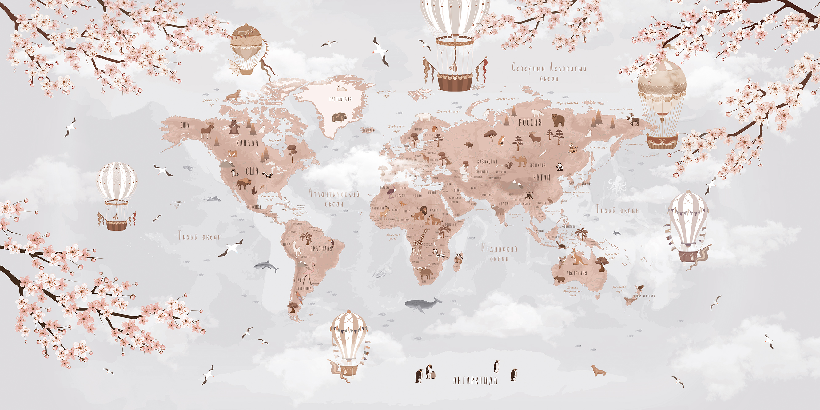 206132 Creativille карта мира с облаками и сакурой