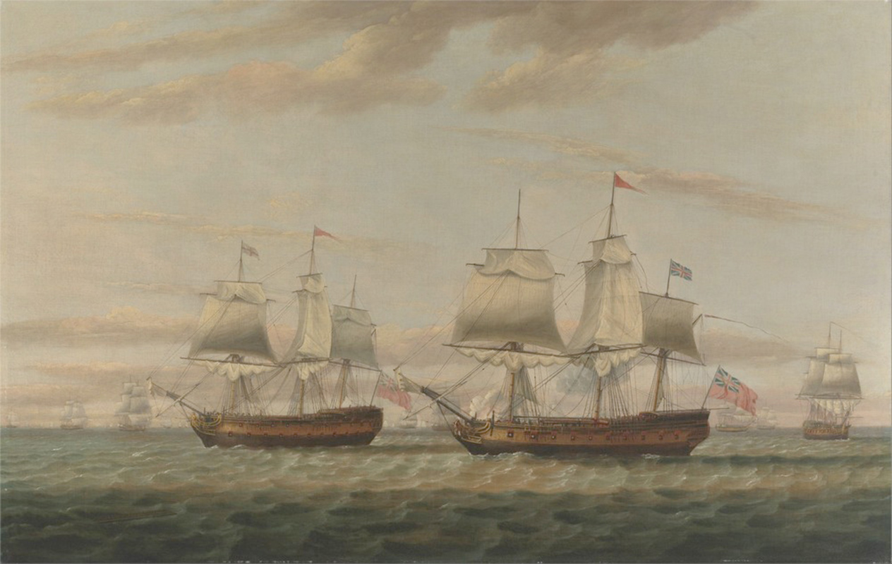 Affresco Морские пейзажи Thomas Luny, An Indiaman and a Two Decker Hove to Said to be Thomas Dumar