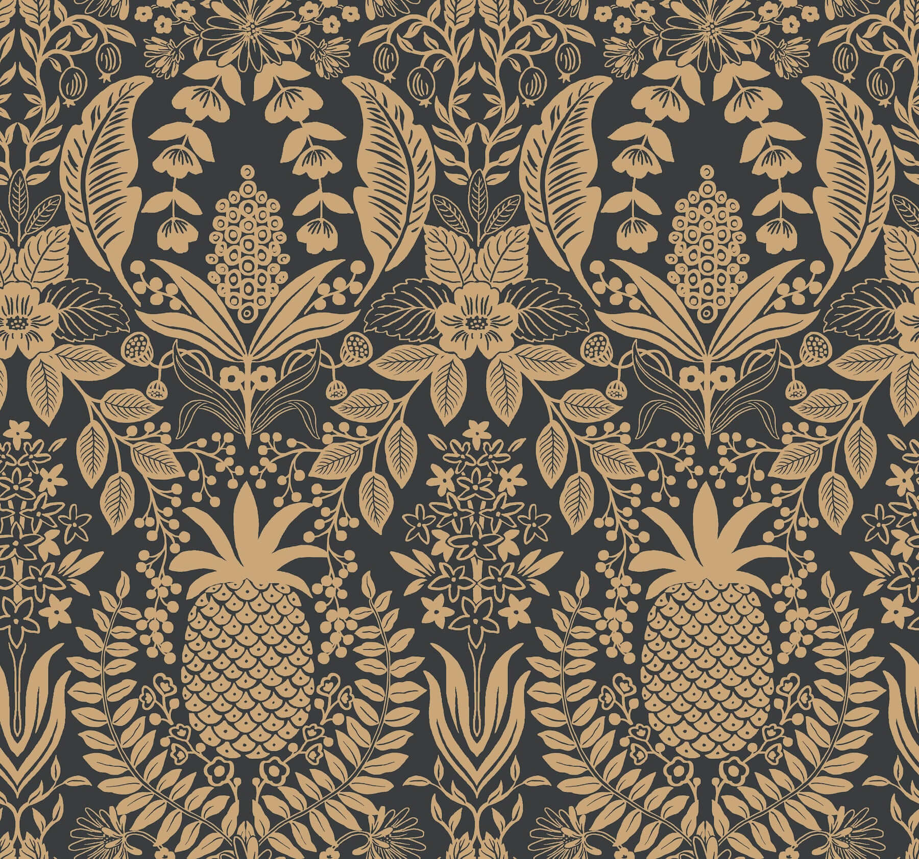 York  Rifle Paper Co. Wallcoverings  Pineapple Damask Wallpaper- Black & Gold RF7483