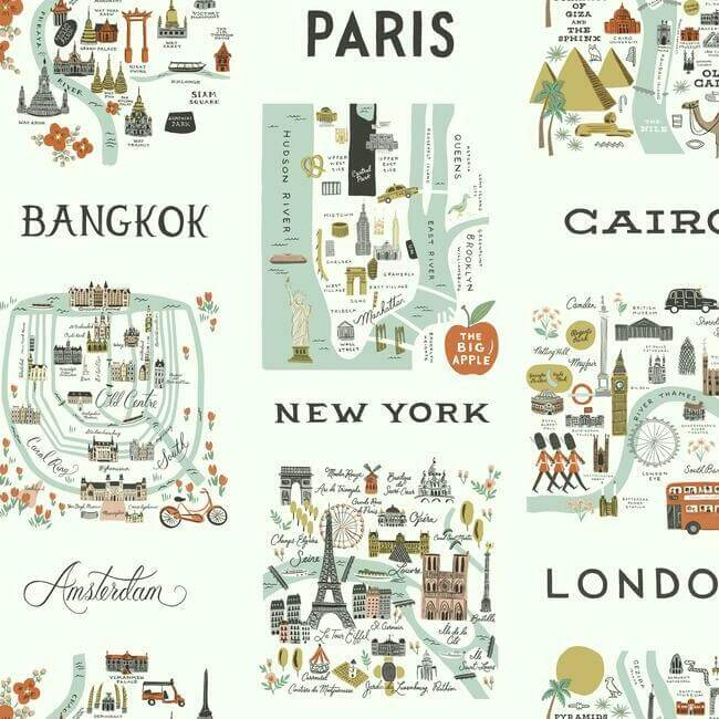 York  Rifle Paper Co. Wallcoverings  City Maps Wallpaper- Mint RI5160