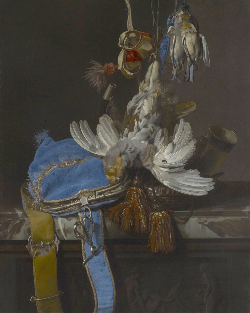 Affresco Willem van Aelst Hunt, Still Life with a Velvet Bag on a Marble Ledge