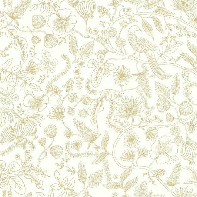 York  Rifle Paper Co. Wallcoverings  Aviary Premium Premium Peel + Stick Wallpaper- Metallic Gold and Yellow PSW1309RL