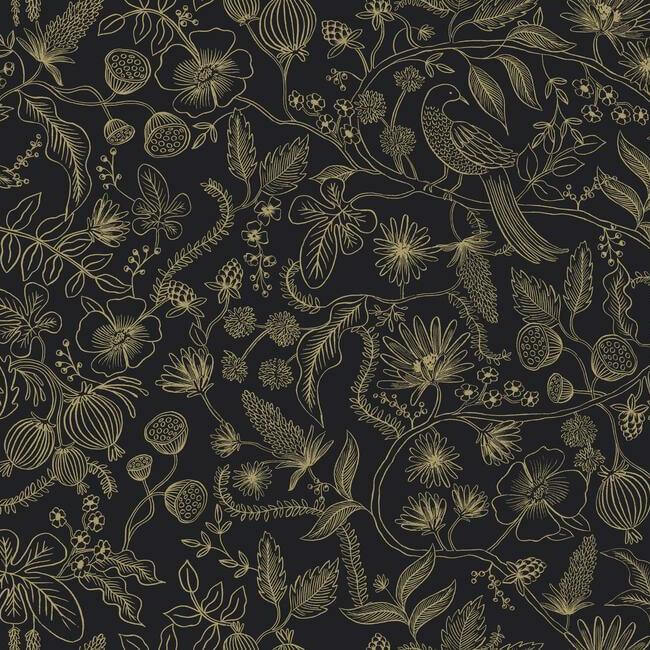 York  Rifle Paper Co. Wallcoverings  Aviary Premium Premium Peel + Stick Wallpaper- Metallic Gold and Black PSW1310RL
