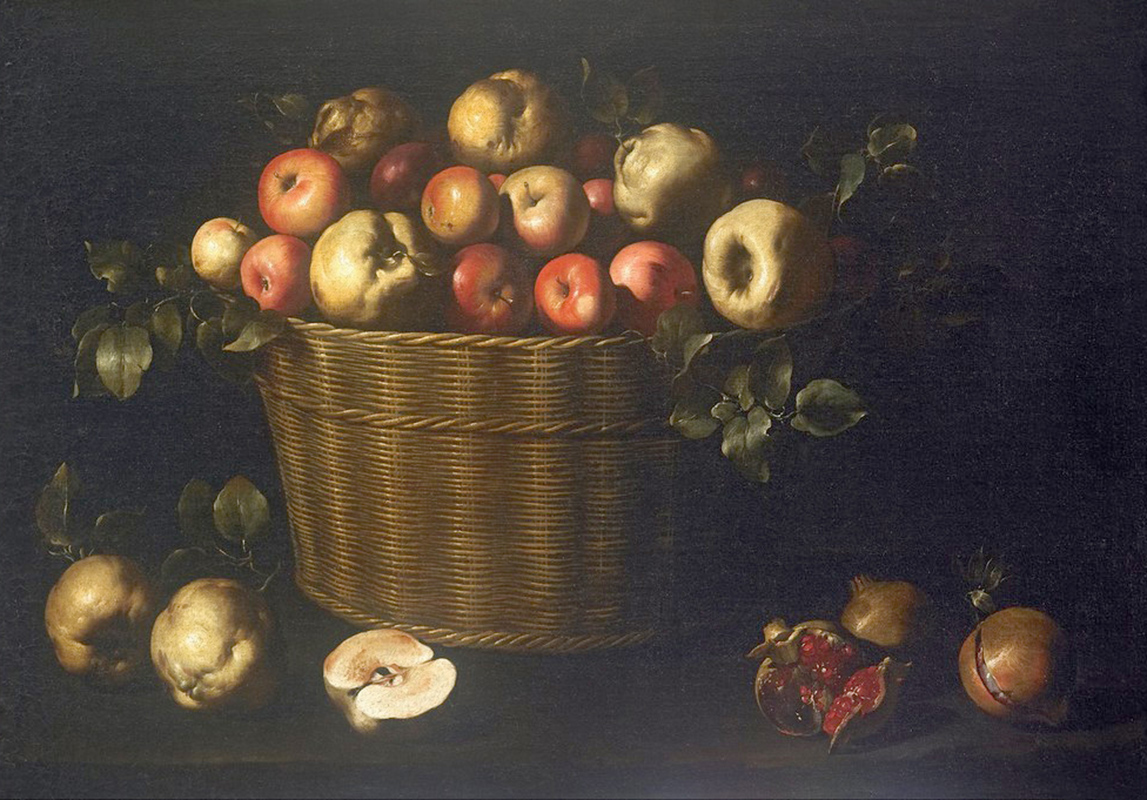 Affresco Натюрморт Juan de Zurbaran, Basket with Apples Quinces and Pomegranates