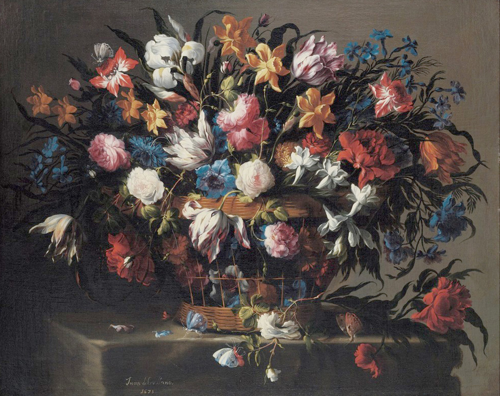 Affresco Натюрморт Juan de Arellano, Small Basket of Flowers