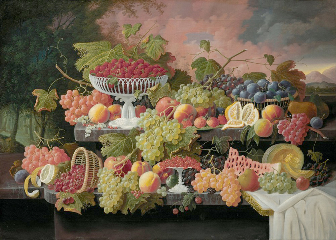 Affresco Натюрморт Severin Roesen, Two Tiered Still Life with Fruit and Sunset Landscape