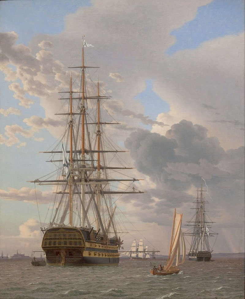 Affresco Морские пейзажи C.W. Eckersberg, The Russian Ship of the Line Asow and a Frigate at Anchor in the Roads of Elsinore