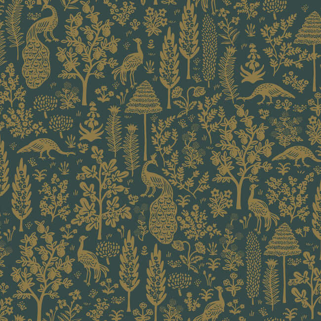 York  Rifle Paper Co.  Menagerie Toile Wallpaper- Emerald & Metallic Gold RP7373