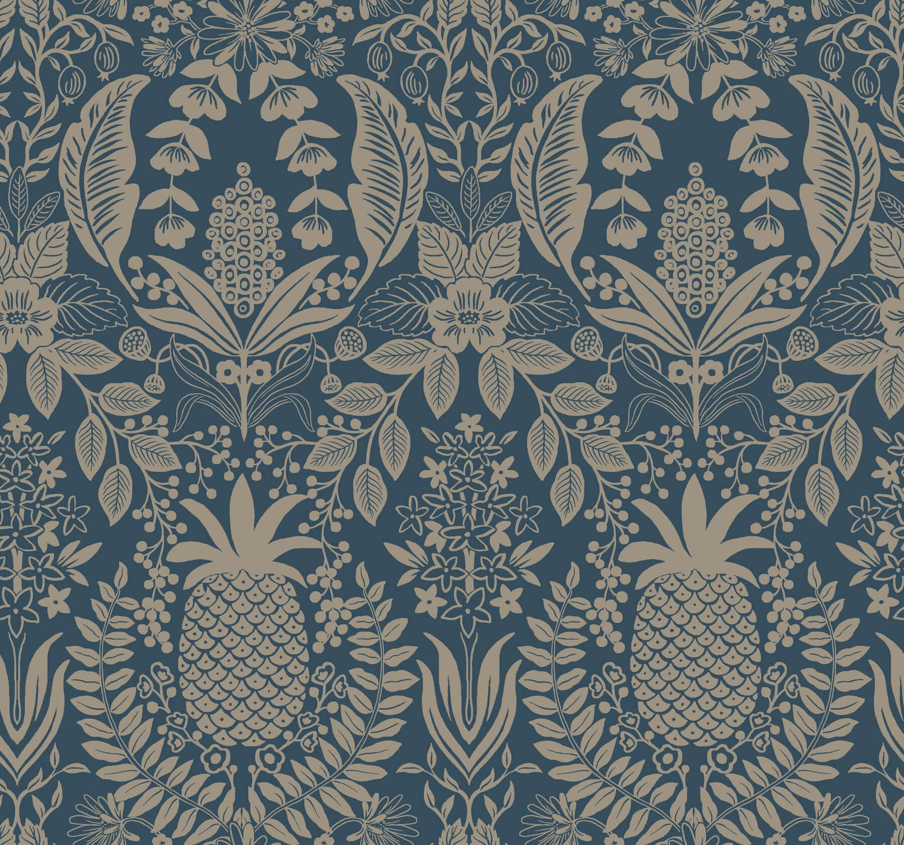 York  Rifle Paper Co. Wallcoverings  Pineapple Damask Wallpaper- Navy RF7486