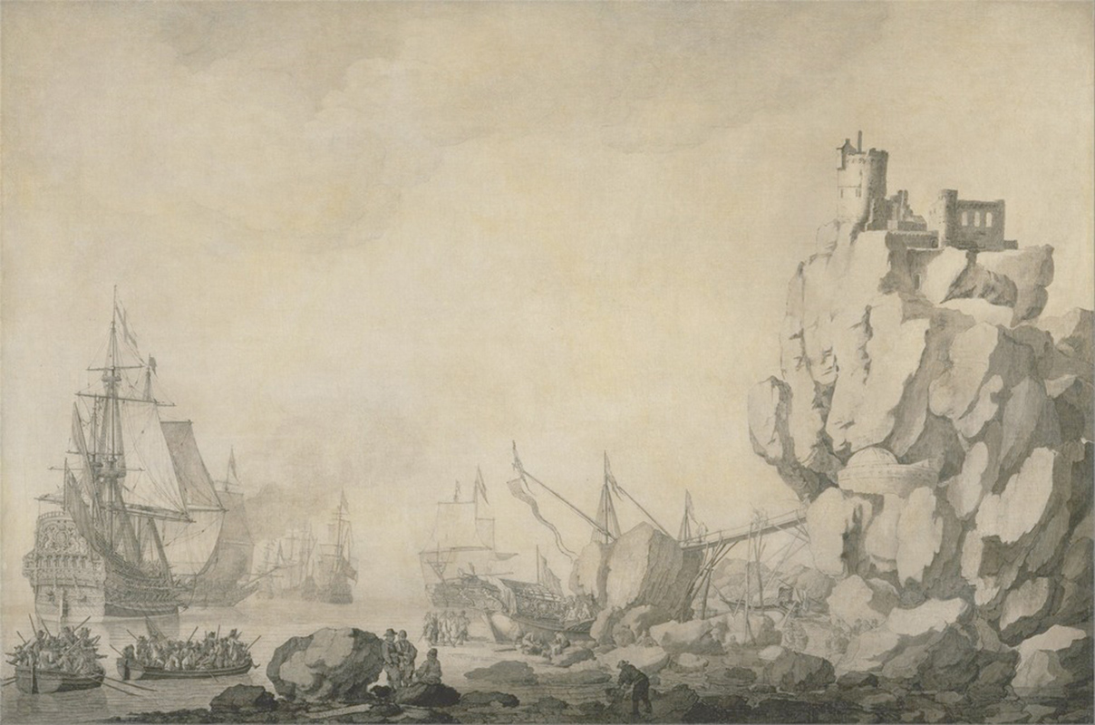 Affresco Морские пейзажи Willem van de Velde the Elder, Ships and Militia by a Rocky Shore