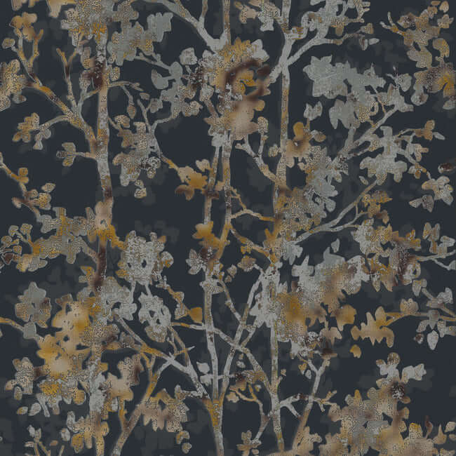 York  Antonina Vella Modern Metals  Shimmering Foliage Wallpaper- Black/Multi NW3580