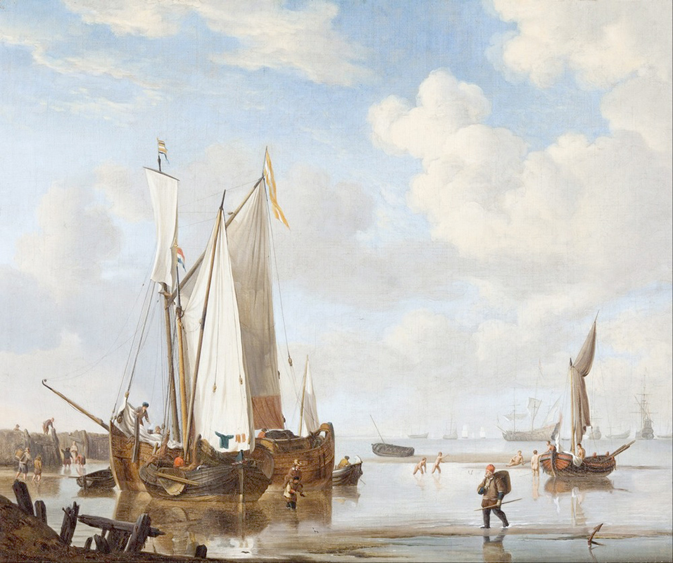 Affresco Морские пейзажи Willem van de Velde the younger and studio, A wijdschip and a kaag in an inlet close to a sea wall