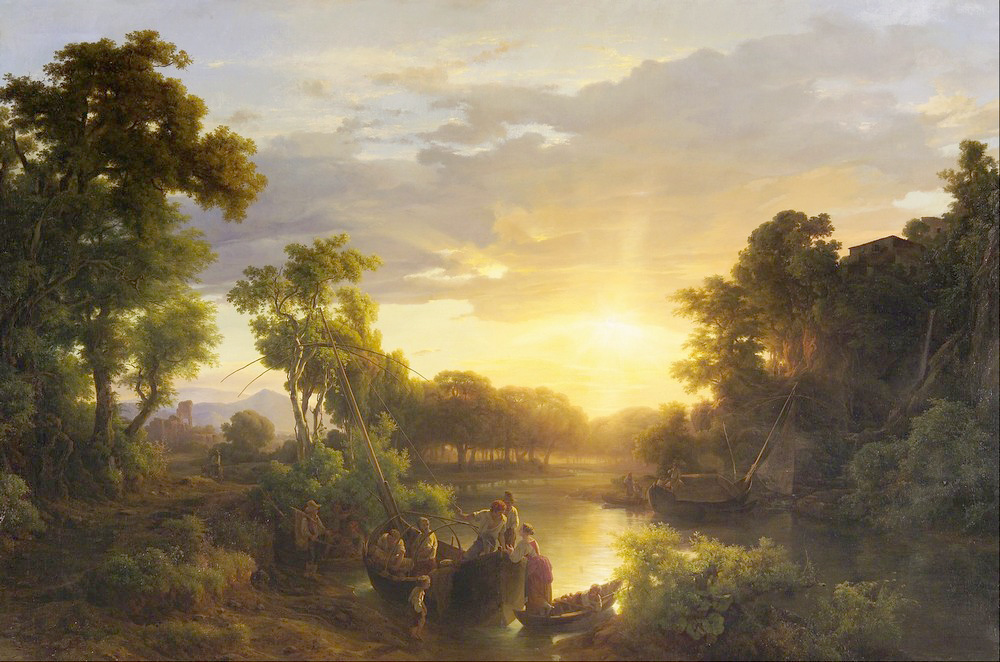 Affresco Классические пейзажи Marko Karoly,  Italian Landscapes at Sunset Fishermen