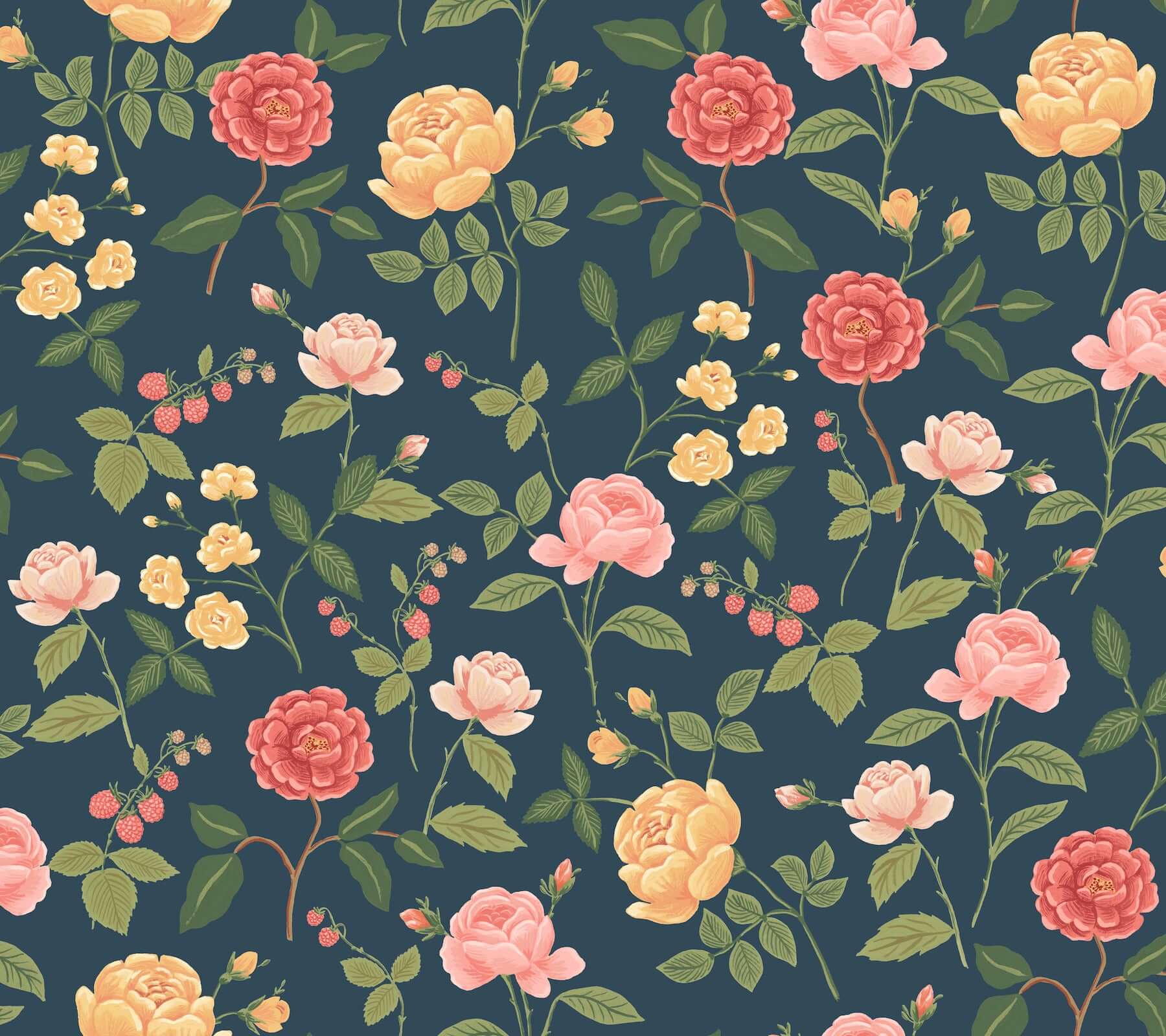 York  Rifle Paper Co. Wallcoverings  Roses Wallpaper- Navy RF7544