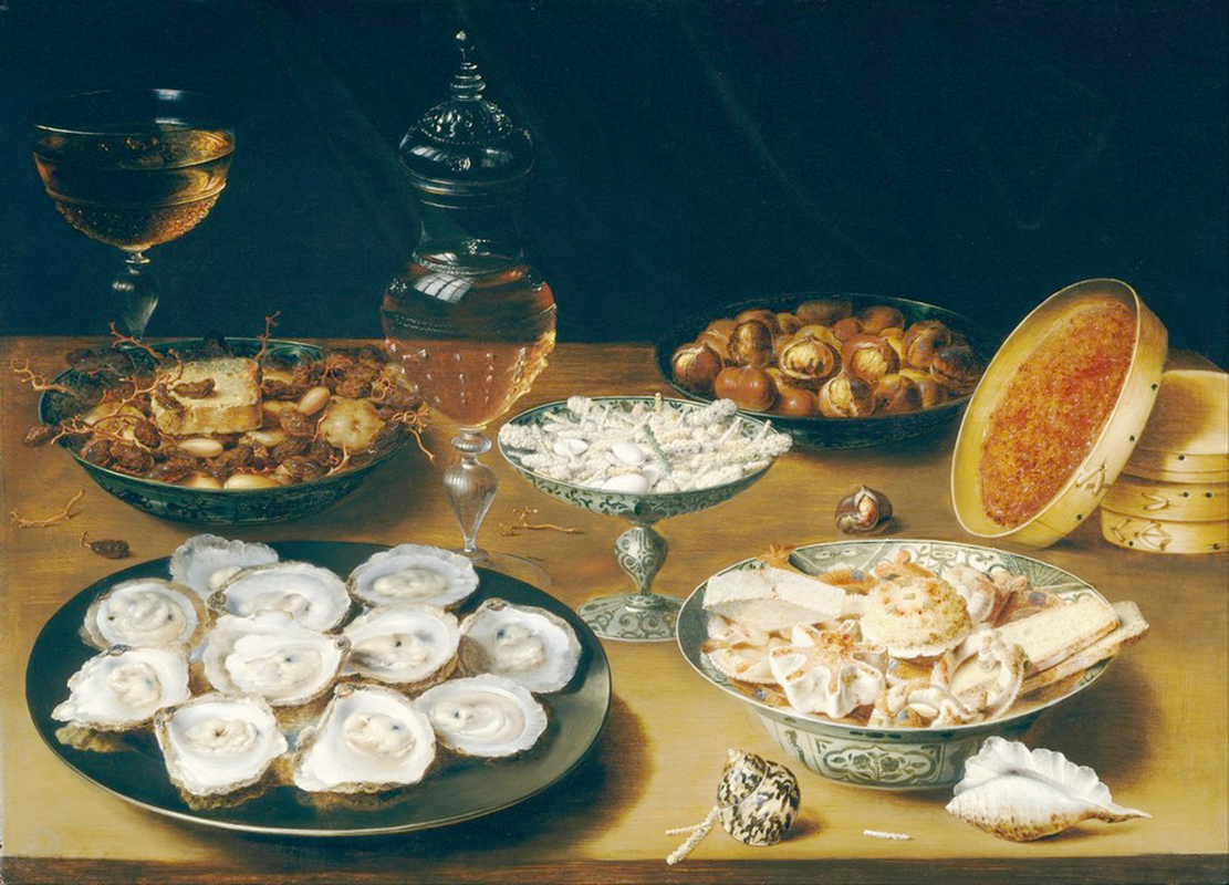 Affresco Натюрморт Osias Beert the Elder, Dishes with Oysters Fruit and Wine