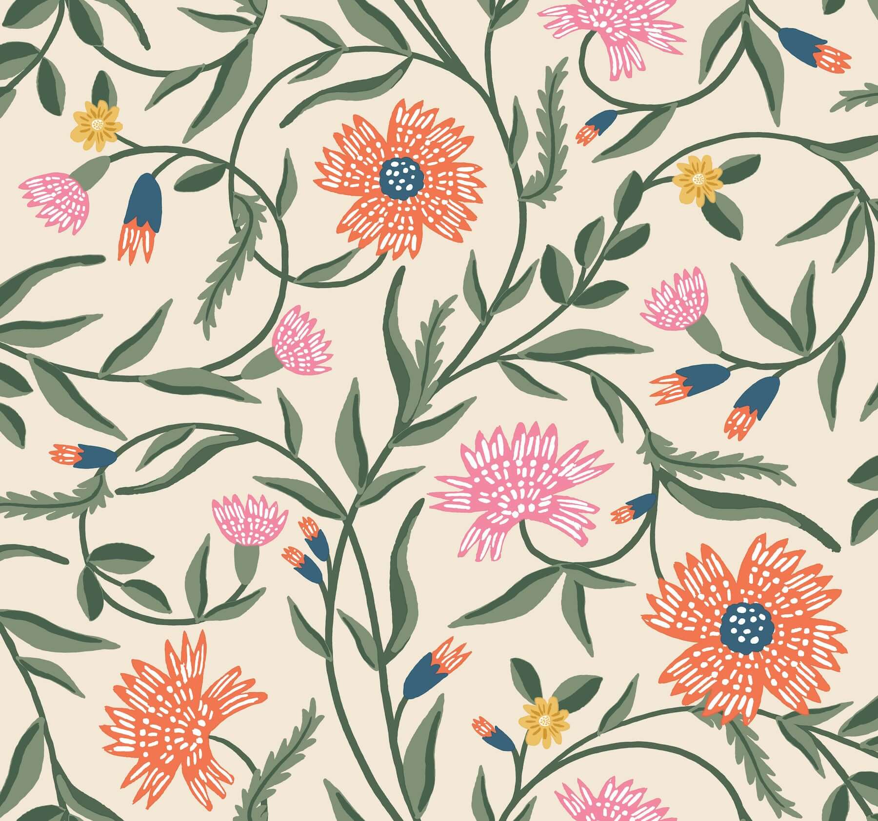 York  Rifle Paper Co. Wallcoverings  Aster Wallpaper- Linen & Coral RF7433