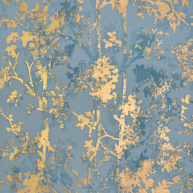 York  Antonina Vella Modern Metals  Shimmering Foliage Wallpaper- Blue/Gold NW3581