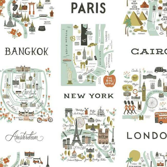 York  Rifle Paper Co. Wallcoverings  City Maps Premium Peel + Stick Wallpaper- Mint PSW1195RL