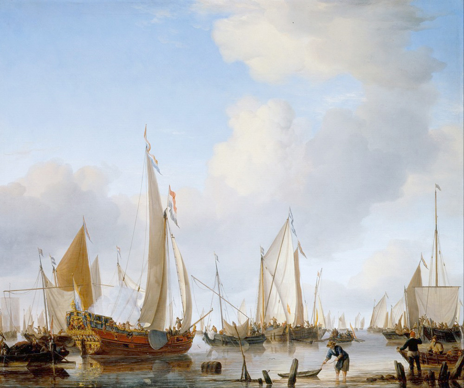 Affresco Морские пейзажи Willem van de Velde the Younger, Calm A States Yacht under Sail close to the Shore with many other Vessels