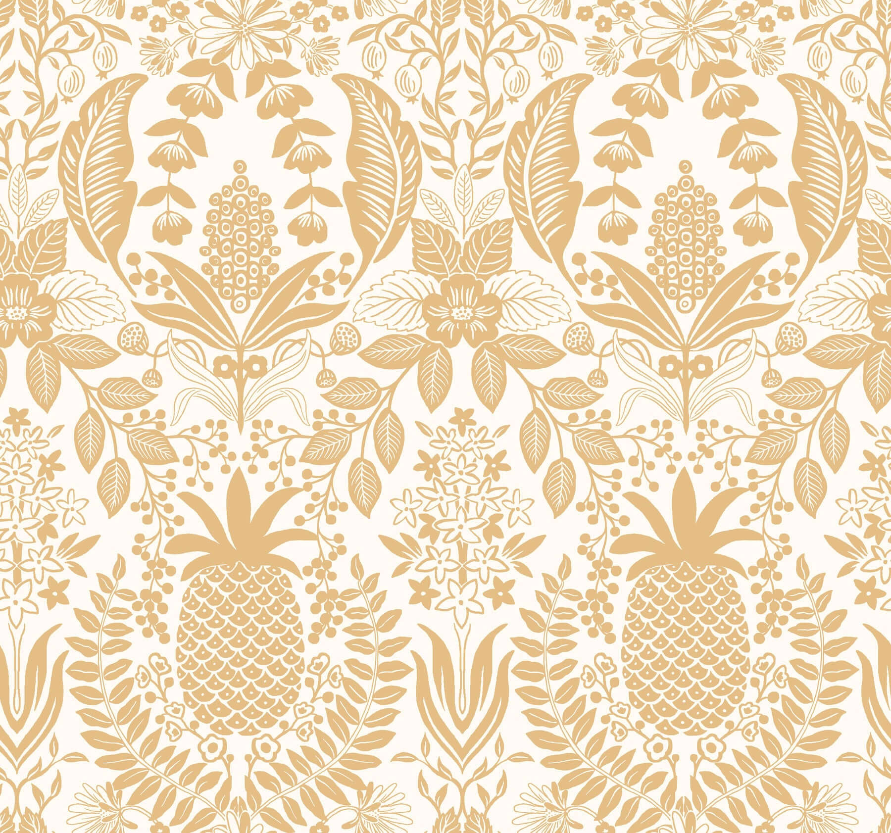 York  Rifle Paper Co. Wallcoverings  Pineapple Damask Wallpaper- White & Gold RF7482