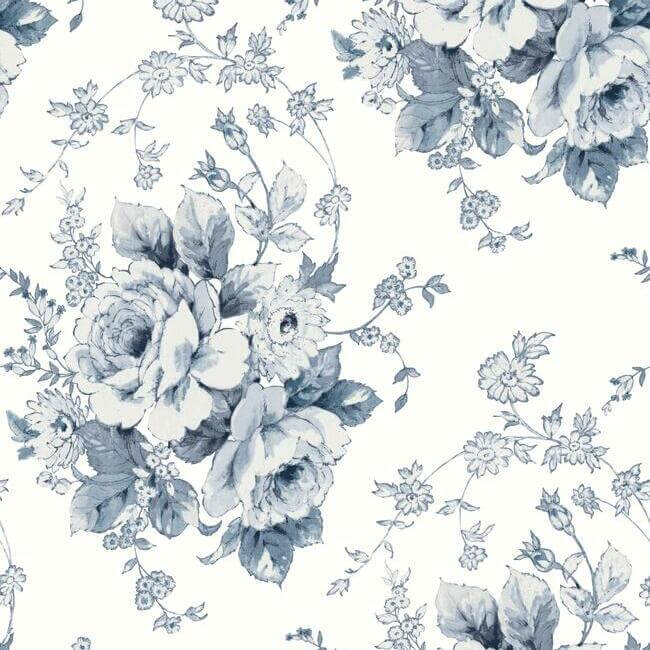 York  Simply Farmhouse  Heritage Rose Wallpaper- Navy/White FH4087