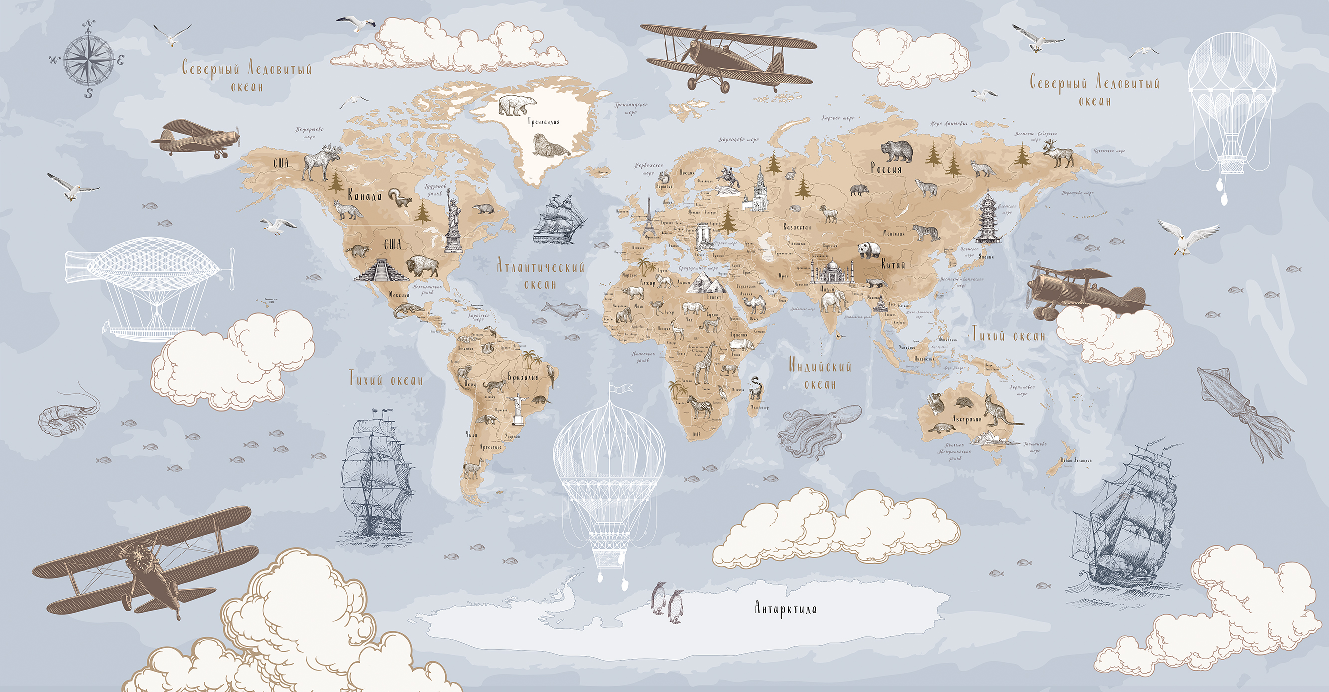 206200 Creativille карта мира в стиле старинной гравюры